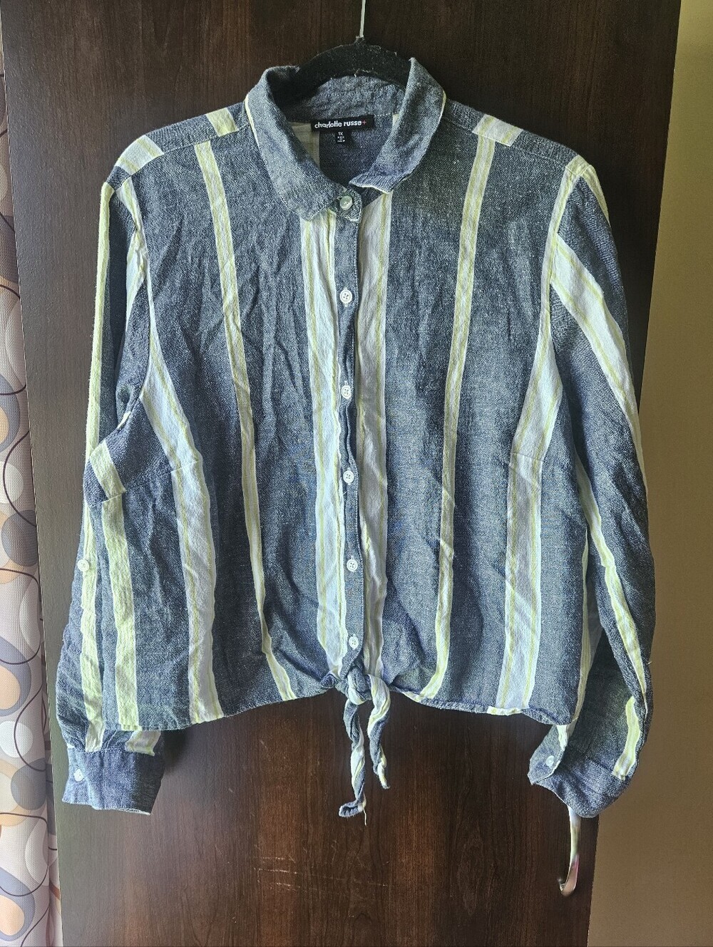 Charlotte Russe Striped Button-Front Shirt - Dark Grey & Pale Yellow Size 1X